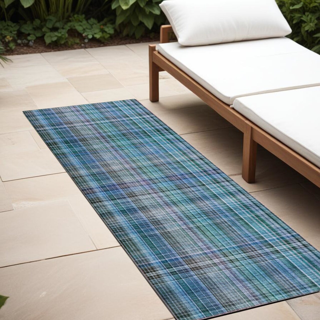 Edge Collections - 2' x 8' - Blue - Washable Plaid Indoor Outdoor Runner Rug - 1 Piece